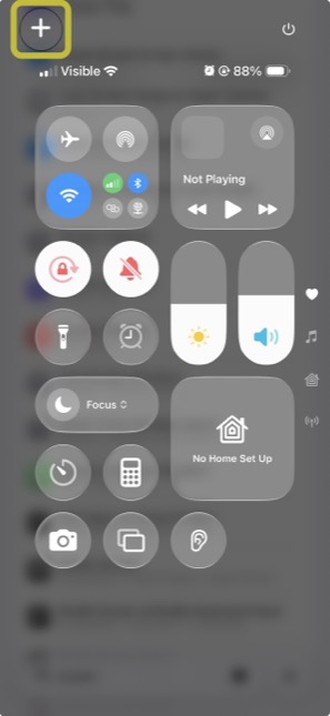 Control Centre with the plus button highlighted in the top-left