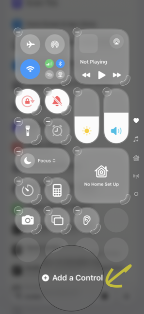 Control Centre in edit mode with Add a Control highlighted