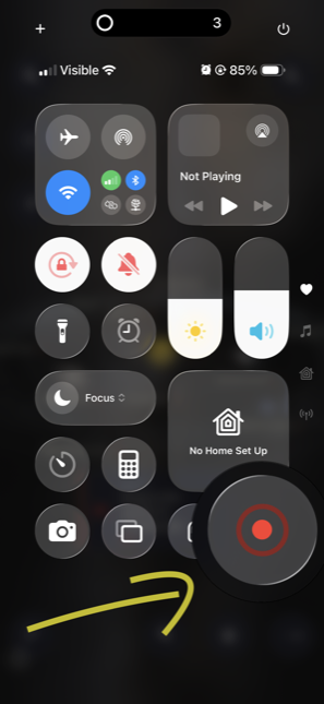 Control Centre with the record button active and a countdown